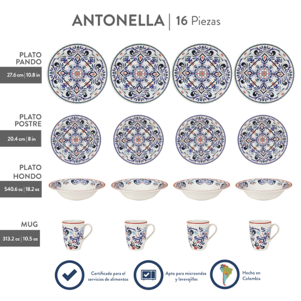 Vajilla de cerámica 16 piezas Antonella Corona. MOD. VL108F040116LC