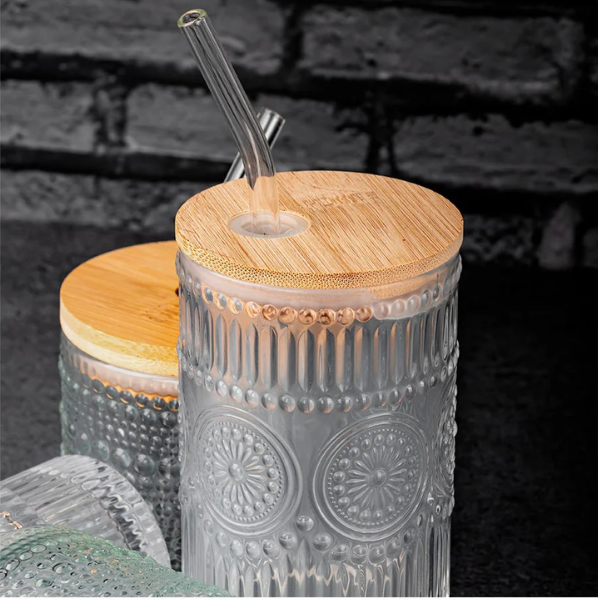 Juego de 2 vasos con tapa y popote 470 ml vidrio HSH MOD. ATH-922 (12)