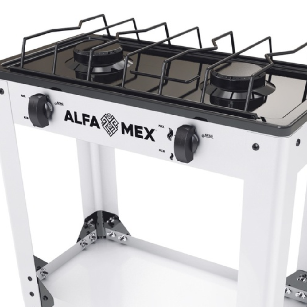 Parrilla de gas 2 quemadores con estante blanco armable esmaltado AlfaMex