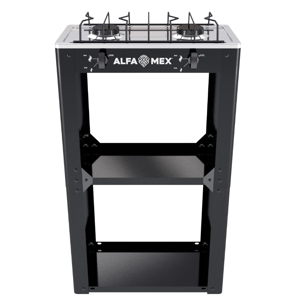 Parrilla de gas 2 quemadores con estante negro armable cubierta Acero Inoxidable AlfaMex