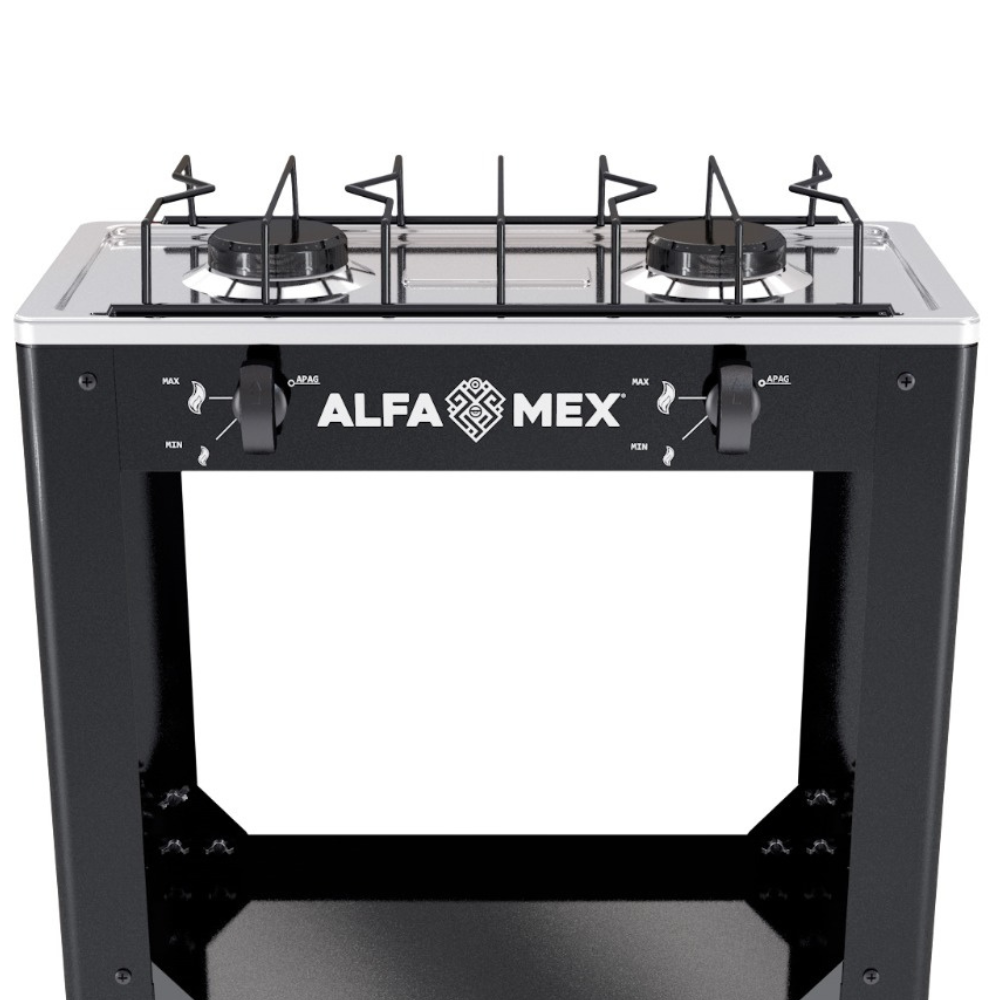 Parrilla de gas 2 quemadores con estante negro armable cubierta Acero Inoxidable AlfaMex