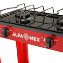 Parrilla de gas 2 quemadores con estante rojo armable cubierta esmaltada AlfaMex