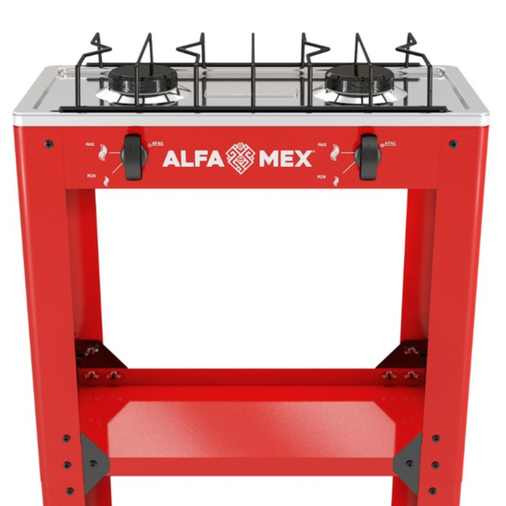 Parrilla de gas 2 quemadores con estante rojo armable cubierta acero inoxidable AlfaMex
