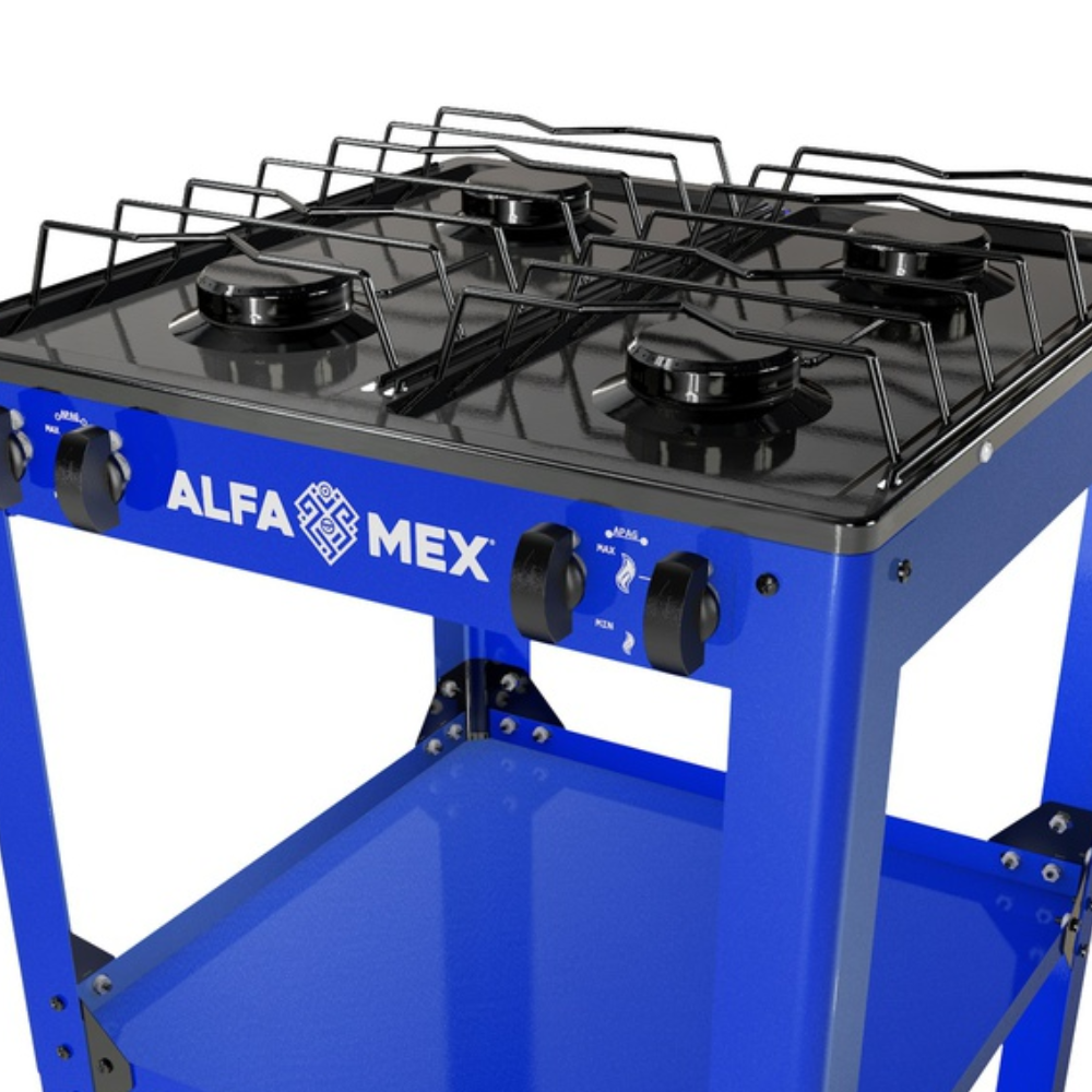 Parrilla de gas 4 quemadores con estante azul armable con cubierta esmaltada AlfaMex