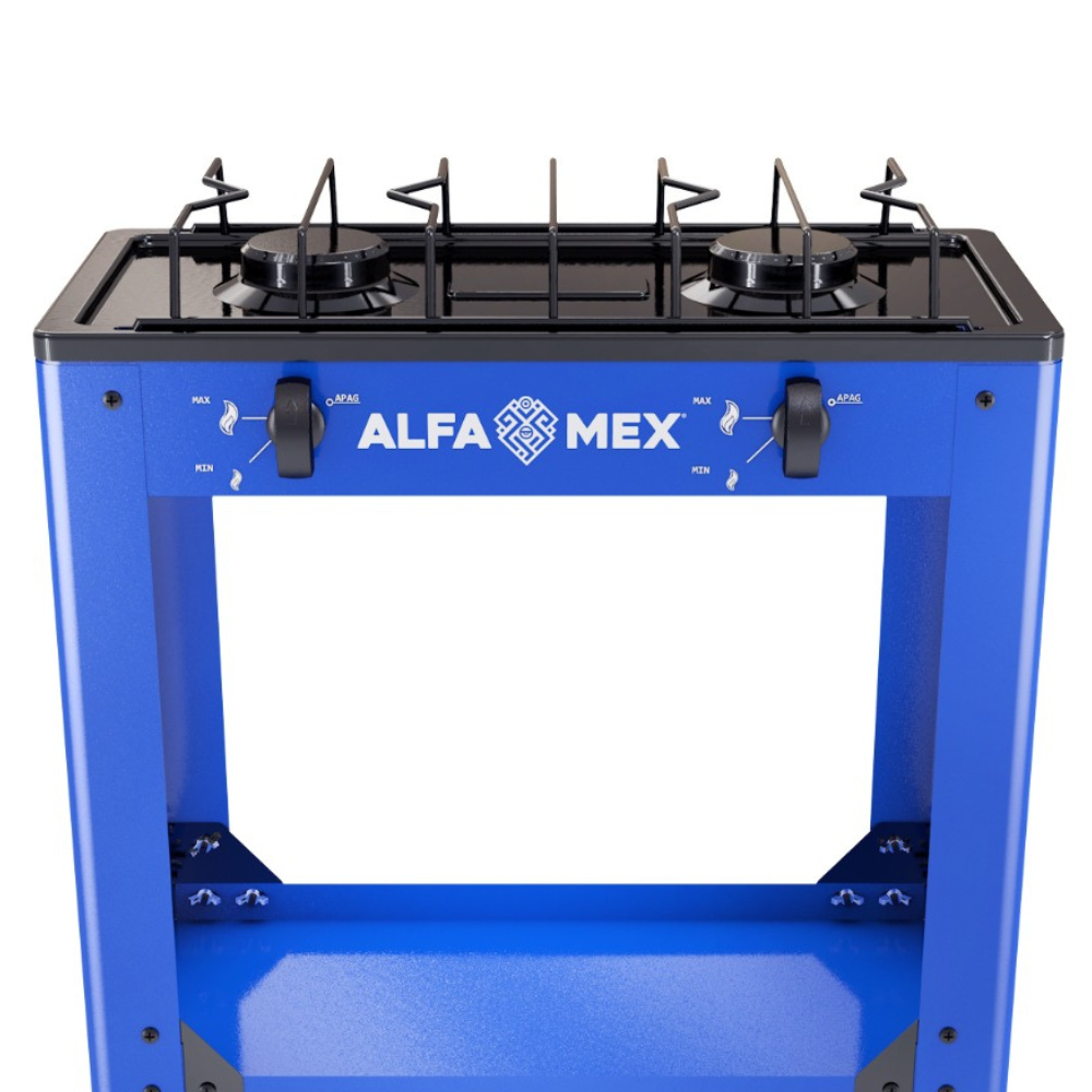 Parrilla de gas 4 quemadores con estante azul armable con cubierta esmaltada AlfaMex