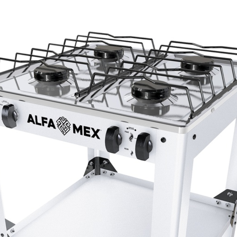 Parrilla de gas 4 quemadores con estante blanco armable con cubierta de  acero inoxidable AlfaMex