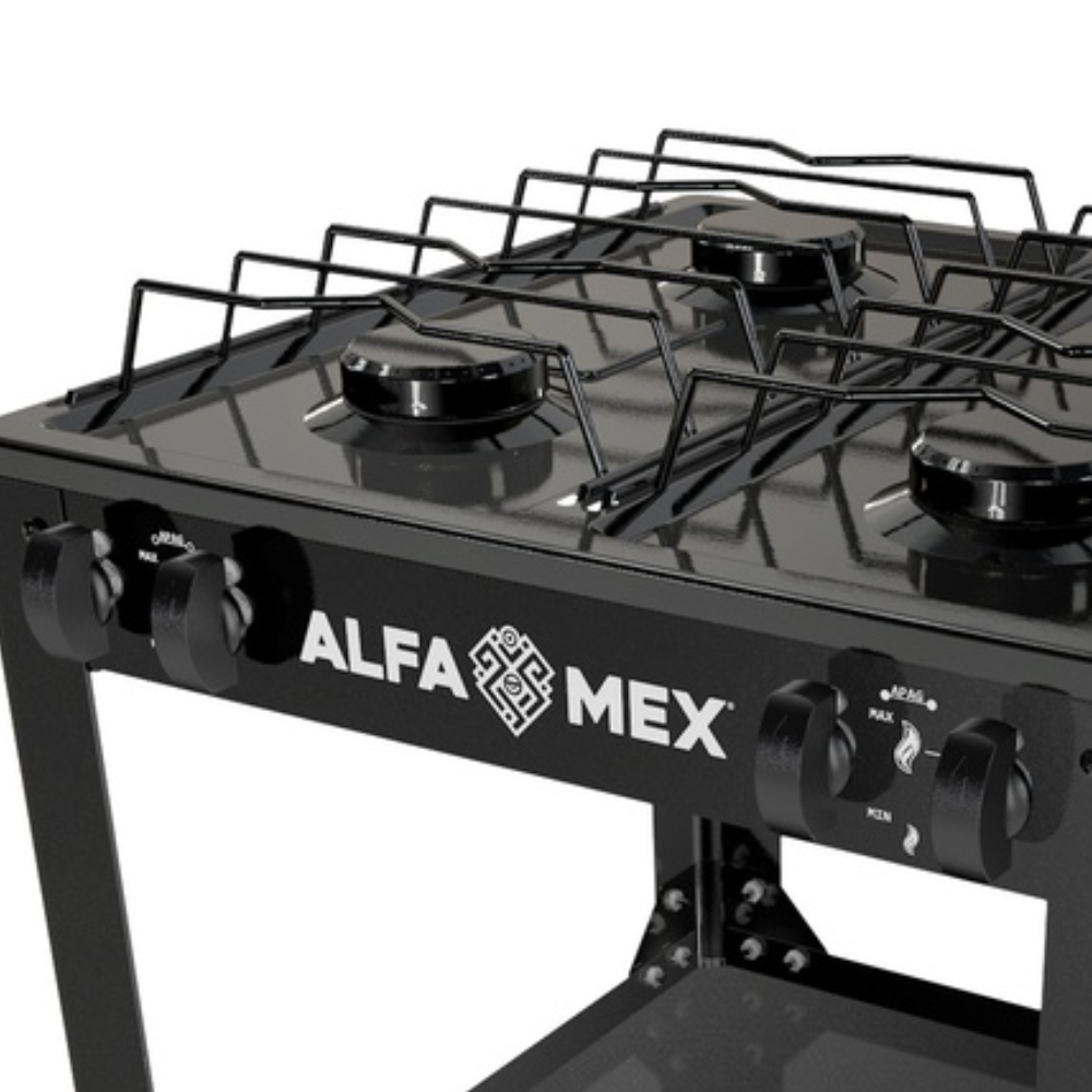 Parrilla de gas 4 quemadores con estante negro armable con cubierta esmaltada AlfaMex
