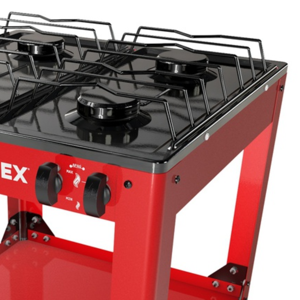 Parrilla de gas 4 quemadores con estante rojo armable con cubierta esmaltada AlfaMex