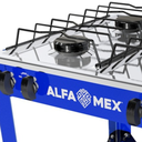 Parrilla de gas 4 quemadores con estante azul armable con cubierta de acero inoxidable AlfaMex