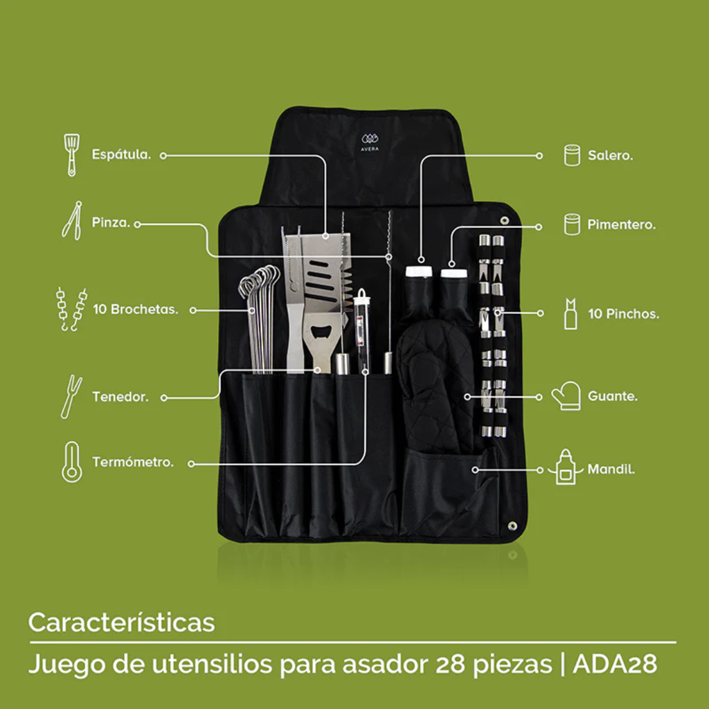 Set de utensilios para asar con delantal 28 piezas Avera @