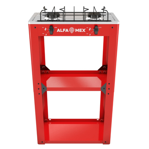 Parrilla de gas 2 quemadores con estante rojo armable cubierta acero inoxidable AlfaMex