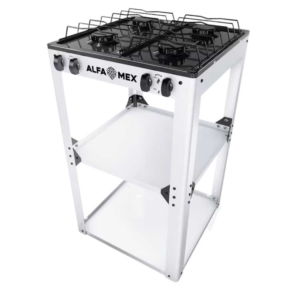 Parrilla de gas 4 quemadores con estante blanco armable con cubierta esmaltada AlfaMex