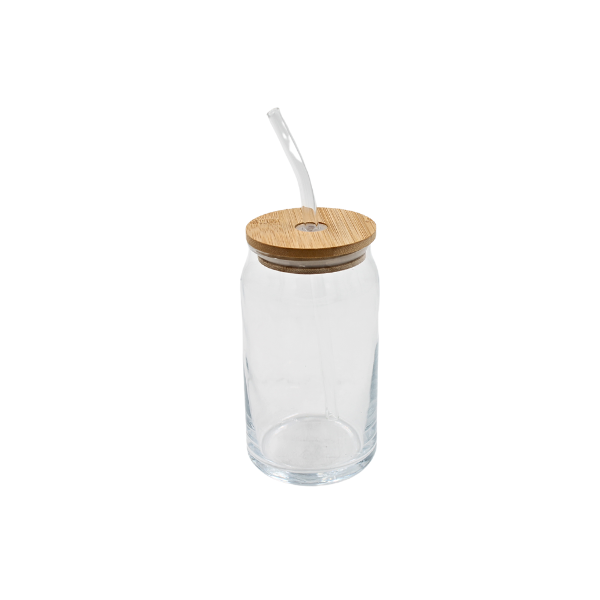 Vaso de vidrio tipo lata c/tapa, popote y cepillo para popote@