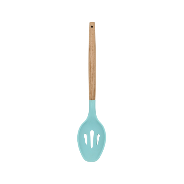 Cuchara Ranurada Rosa con mango de madera y punta de silicon@