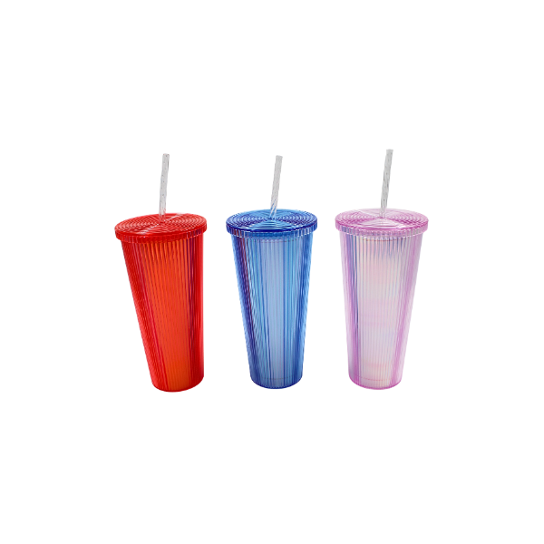 Vaso con tapa y popote doble pared rayas 710 ml 3@