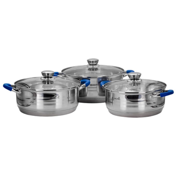 Juego de 3 ollas de acero inoxidable acabado espejo con tapa de vidrio Qualite MOD. BESTEN (2)
