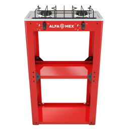 [1542120] Parrilla de gas 2 quemadores con estante rojo armable cubierta acero inoxidable AlfaMex
