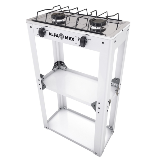 [1542122] Parrilla de gas 2 quemadores con estante Blanco armable AlfaMex