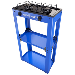 [1542123] Parrilla de gas 2 quemadores con estante azul armable esmaltado AlfaMex