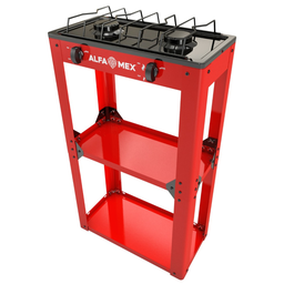 [1542125] Parrilla de gas 2 quemadores con estante rojo armable cubierta esmaltada AlfaMex