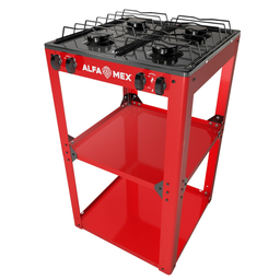 [1542130] Parrilla de gas 4 quemadores con estante rojo armable con cubierta esmaltada AlfaMex
