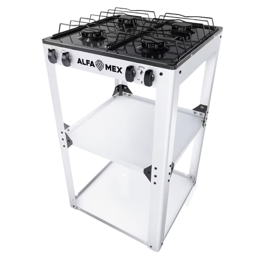 [1542131] Parrilla de gas 4 quemadores con estante blanco armable con cubierta esmaltada AlfaMex