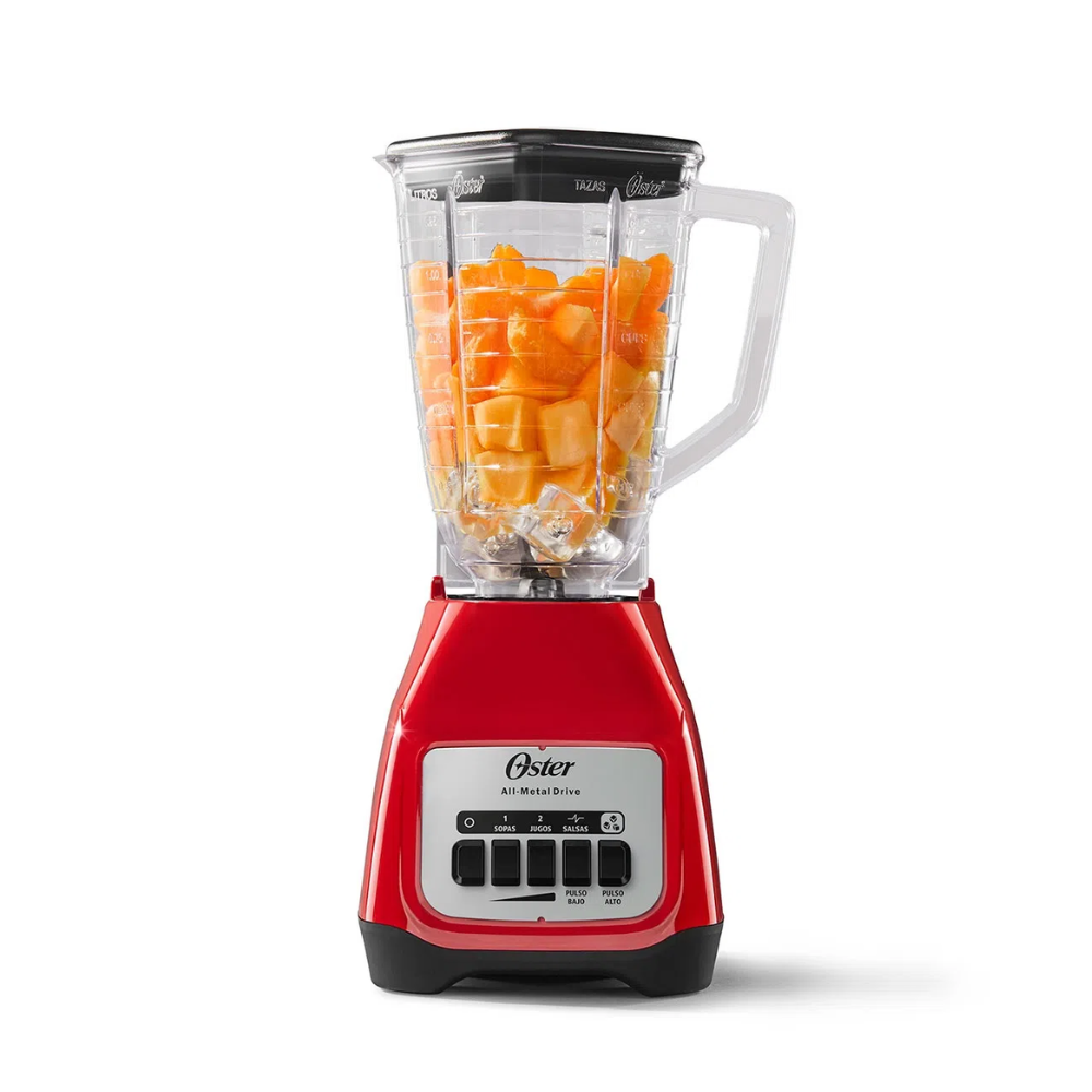 Licuadora Oster Soho Lite roja con botones vaso de plástico |Sondemesa
